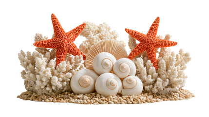 Orange starfish with white seashells and coral reef fragments on sandy ground © Elowen