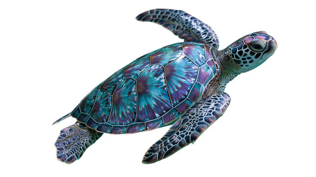 Iridescent blue and purple patterned sea turtle swimming