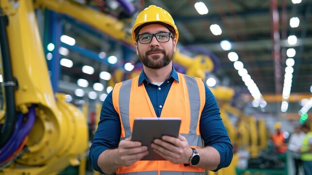 A male factory worker wearing a hard hat and safety vest holds a tablet computer while standing in a manufacturing plant.