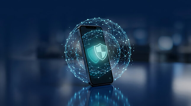 Smartphone digital web shield blue neon mesh sphere.