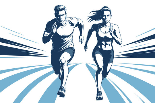 Running man and woman, isolated vector silhouettes. Run, side view. Silhouettes of athletic looking male and female runners running. Transparent PNG version.