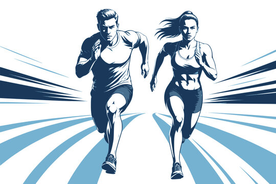 Running man and woman, isolated vector silhouettes. Run, side view. Silhouettes of athletic looking male and female runners running. Transparent SVG version.