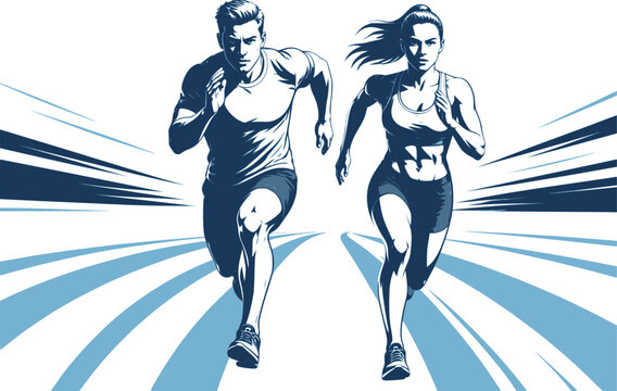 Running man and woman, isolated vector silhouettes. Run, side view. Silhouettes of athletic looking male and female runners running. Transparent EPS version.