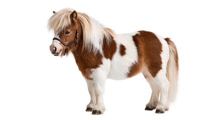 Brown and white spotted miniature pony with blonde mane and leather halter © Elowen