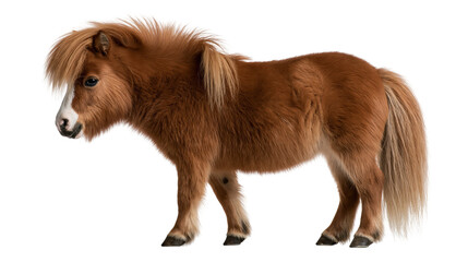 Brown Shetland pony with long mane and white facial marking standing in profile © Elowen