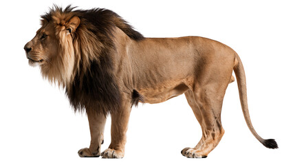 Majestic adult male lion with thick dark brown mane standing in profile © Elowen