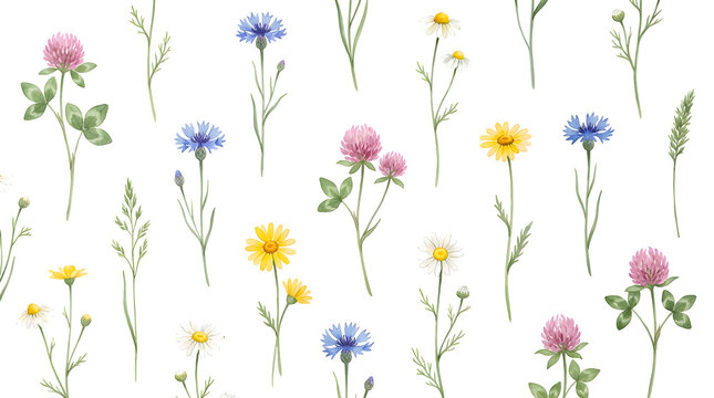 Vibrant watercolor wildflowers featuring delicate clover chamomile cornflower and fresh green stems arranged gracefully in a charming seamless botanical pattern on transparent background