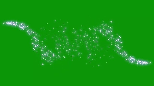 Glowing glitter stars trail line animation, white cartoon doodle sparkles glitter, glowing white twinkling particles, fairy dust wand glitter star trail transition on green screen. 4k video