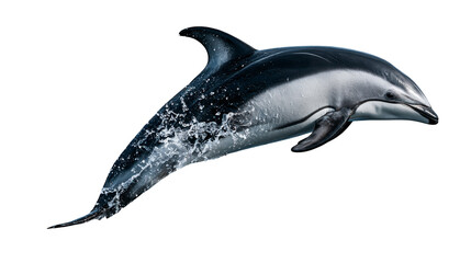 Leaping common dolphin with water droplets on its sleek dark grey skin © Elowen