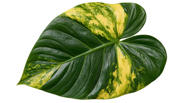 Variegated Philodendron leaf with dark green and bright yellow patterns