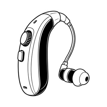 Minimalist Black and White Line Art Vector of Behind-the-Ear (BTE) Hearing Device, Ergonomic Ear Hook, Control Dial, and Silicone Ear Tip