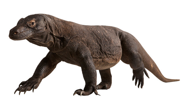 Full body side view of a large Komodo dragon lizard with textured brown scales