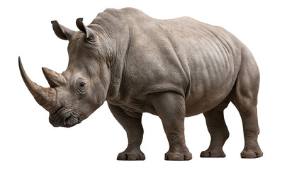 Large grey rhinoceros standing with prominent horns and thick wrinkled skin © Elowen
