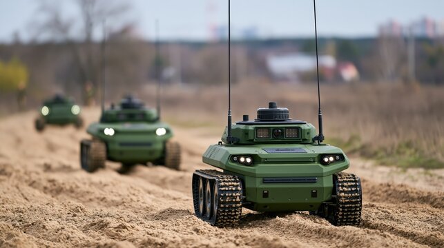 Unmanned ground vehicles advance across a sandy terrain.