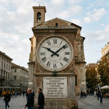 Large public clock tower with Roman numerals in a European city square STANDARD TIME text visible