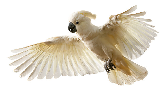 White umbrella cockatoo flying with wings spread wide