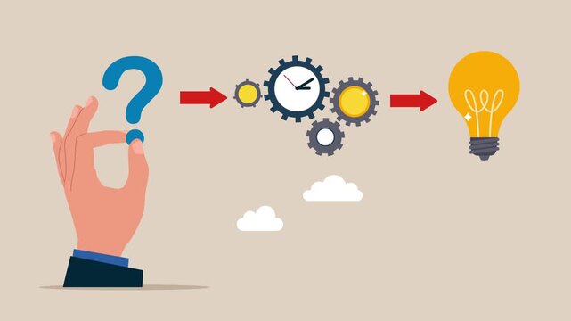 Hand holding question mark. Idea to solve difficulty challenge. Success long term investment, deadline effect to make people finish work. Problem solving skill. Business 2d animation video