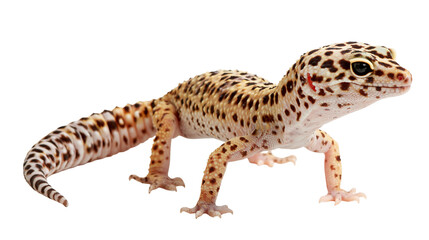 Spotted yellow and brown leopard gecko lizard standing on all fours © Elowen
