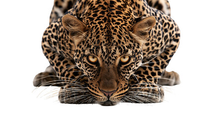 Crouching leopard with intense golden eyes and spotted fur pattern © Elowen