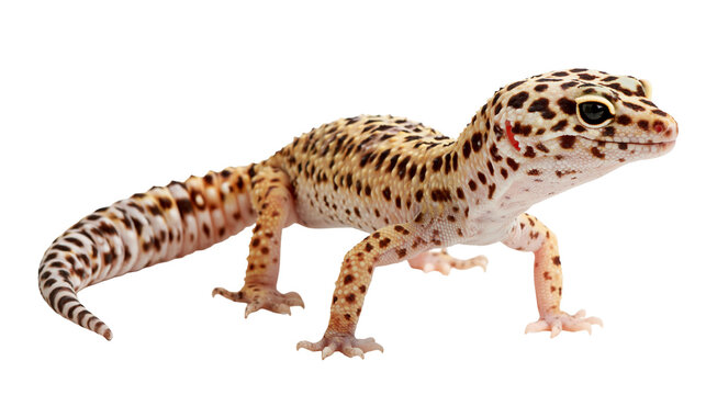 Spotted yellow and brown leopard gecko lizard standing on all fours