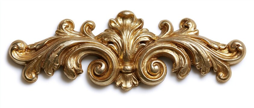 Ornate gold baroque scroll ornament with symmetrical acanthus leaf design isolated on white