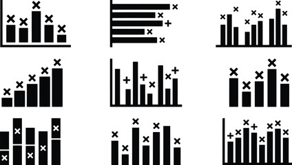 Obraz premium Set of black silhouette bar chart with various data points marked by crosses and plus signs for business and statistical analysis