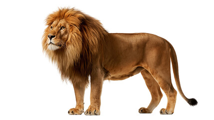 Majestic adult male lion with thick golden mane standing in profile © Elowen