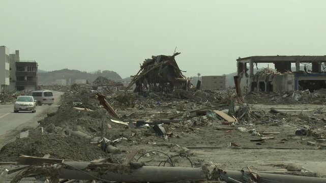 Destroyed Town And Rubble In Aftermath Of Tsunami In Japan