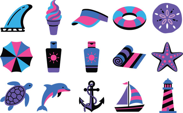 Coastal resort vacation items featuring skeg surfboard fin soft serve cone sun visor sand dollar sea star cetacean