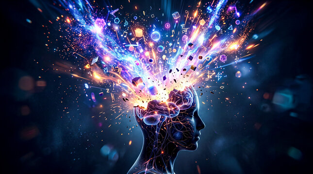 Human head silhouette exploding with creative energy and ideas