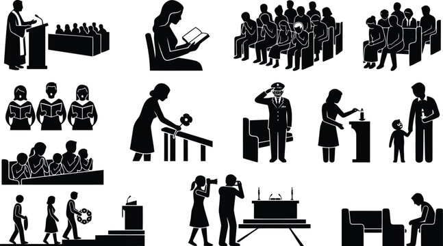 Black silhouettes of people attending a funeral service, praying in pews, singing, and paying respects at a memorial, on a white background