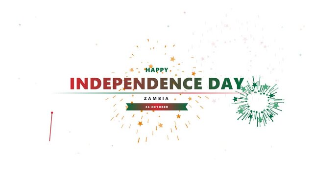 happy independence day zambia fireworks motion graphic with national flag colors on white background
