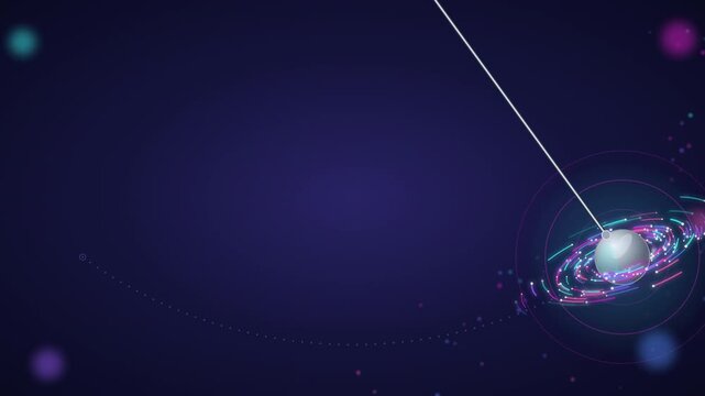 Neon particles swirl around a motionless metal pendulum seamless loop