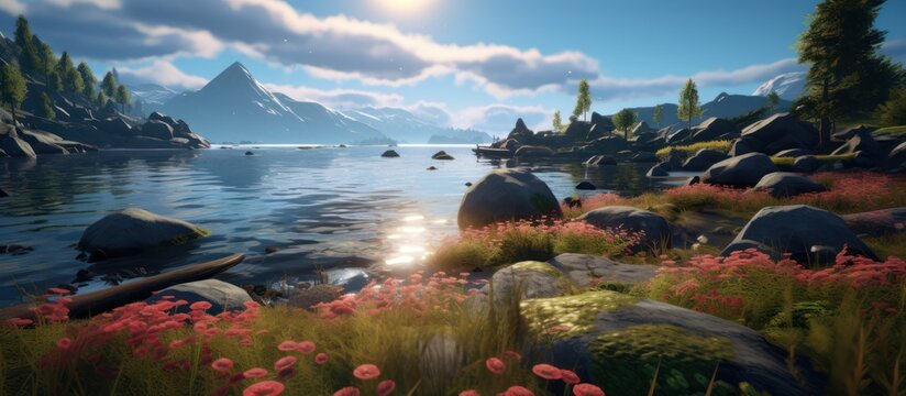 Serene Mountain Lake Landscape with Wildflowers and Sunlit Water.