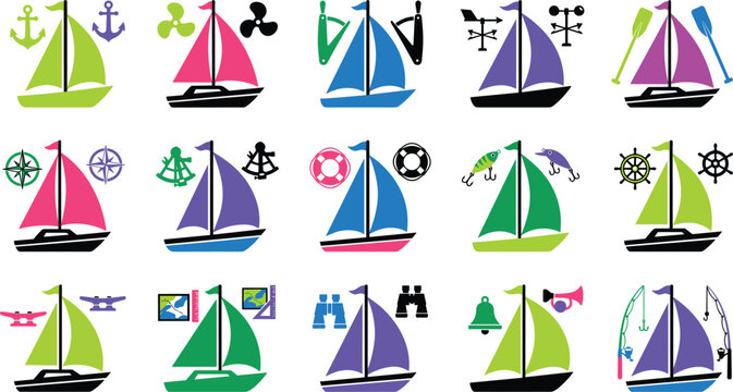 Comprehensive seamanship navigation chart displaying sailboat variants alongside mariner tools windvane lifebuoy fishing tackle marine horn