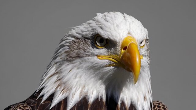 Bald eagle stares into camera in powerful close-up portrait. Majestic bird slowly turns head against neutral gray background. Wildlife footage conveys freedom, strength, national pride, and