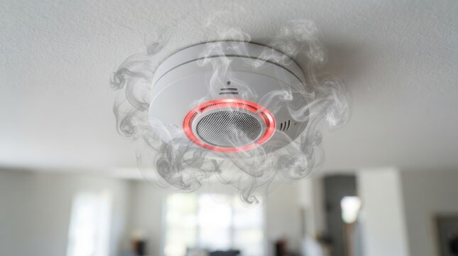 Smoke detector alarm triggered with red light and smoke in a modern house ceiling