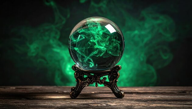 Mystic crystal ball on wooden stand.