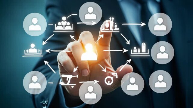 Businessman in suit interacts with virtual network, illustrating teamwork, organizational structure, workflow, and business connectivity in modern corporate environment. doodle symbols