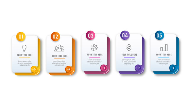 Colorful 5 options 3D card step by step process flowchart diagram vector graphic