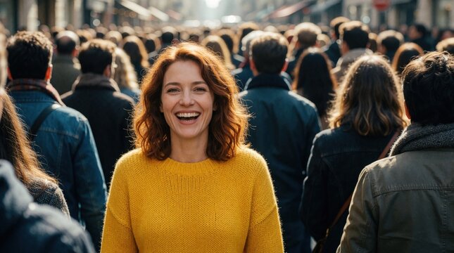Happy redheaded woman in bright yellow sweater smiles at camera. Stands in crowded urban street among many people. Joyful female looking at viewer amidst busy city life, diverse crowd of commuters
