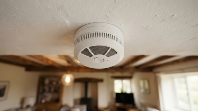 White smoke detector alarm mounted on a ceiling inside a cozy rustic living room with wooden beams and warm lighting for home safety and fire prevention