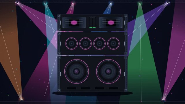 Premium nightlife concert visual animation featuring a massive professional sound system speaker stack pulsing to heavy bass beats with perfectly aligned circular drivers, concentric LED halos, acoust