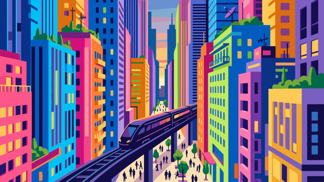 Vibrant flat vector illustration of a modern city street with a monorail train passing through skyscrapers in a colorful urban landscape