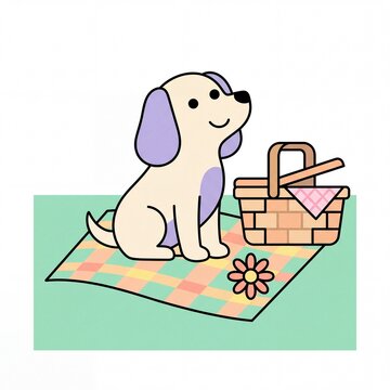 Flat Design Pastel Dog on Picnic Blanket Icon