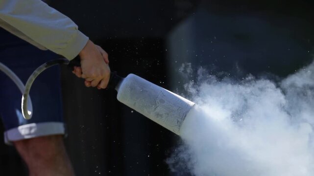 Outdoor Carbon Dioxide Fire Extinguisher Use Close Up Slow Motion