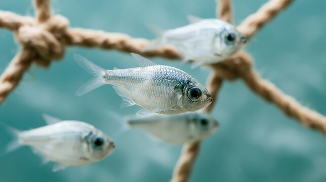 The Fish Among Knotted Ropes in Clear Aqua Water Portrait