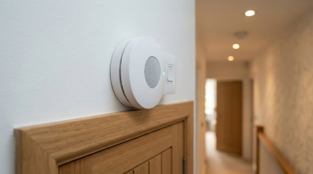 White smoke detector alarm mounted on a wall in a residential home hallway