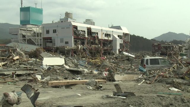 Wrecked Building And Rubble In Destroyed Town In Aftermath Of Tsunami In Japan