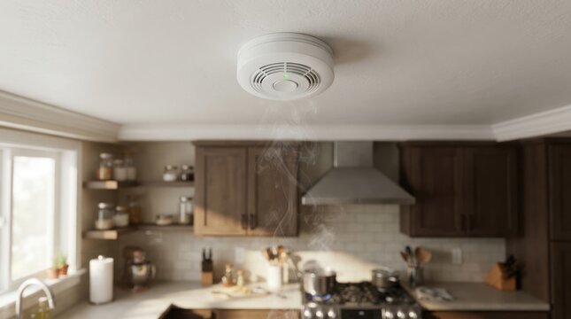 White smoke detector mounted on the ceiling of a modern home kitchen interior